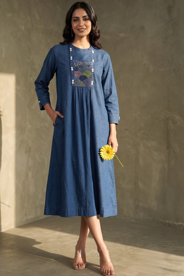 Navy Denim Classic Cotton zen yoke gather kurta