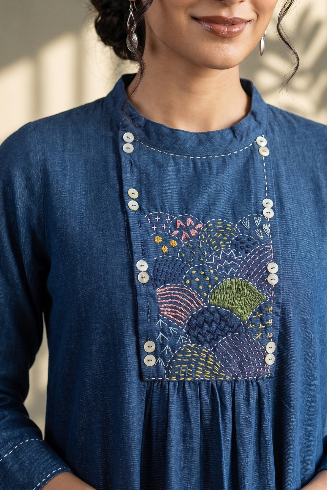 Navy Denim Classic Cotton zen yoke gather kurta