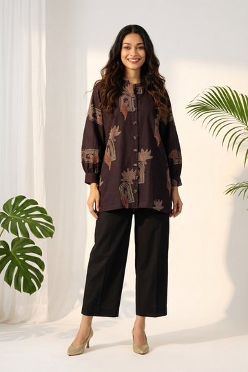 Noir Peacock Motif Ajrakh Cotton Gather Tunic