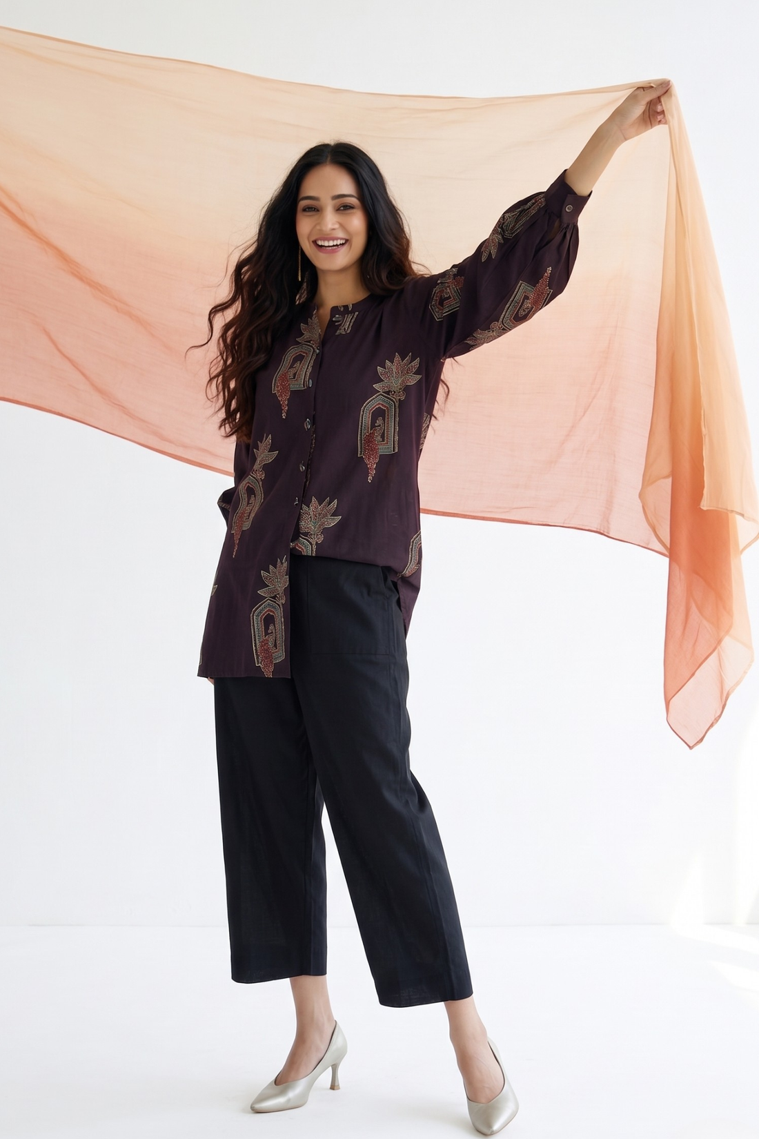 Noir Peacock Motif Ajrakh Cotton Gather Tunic