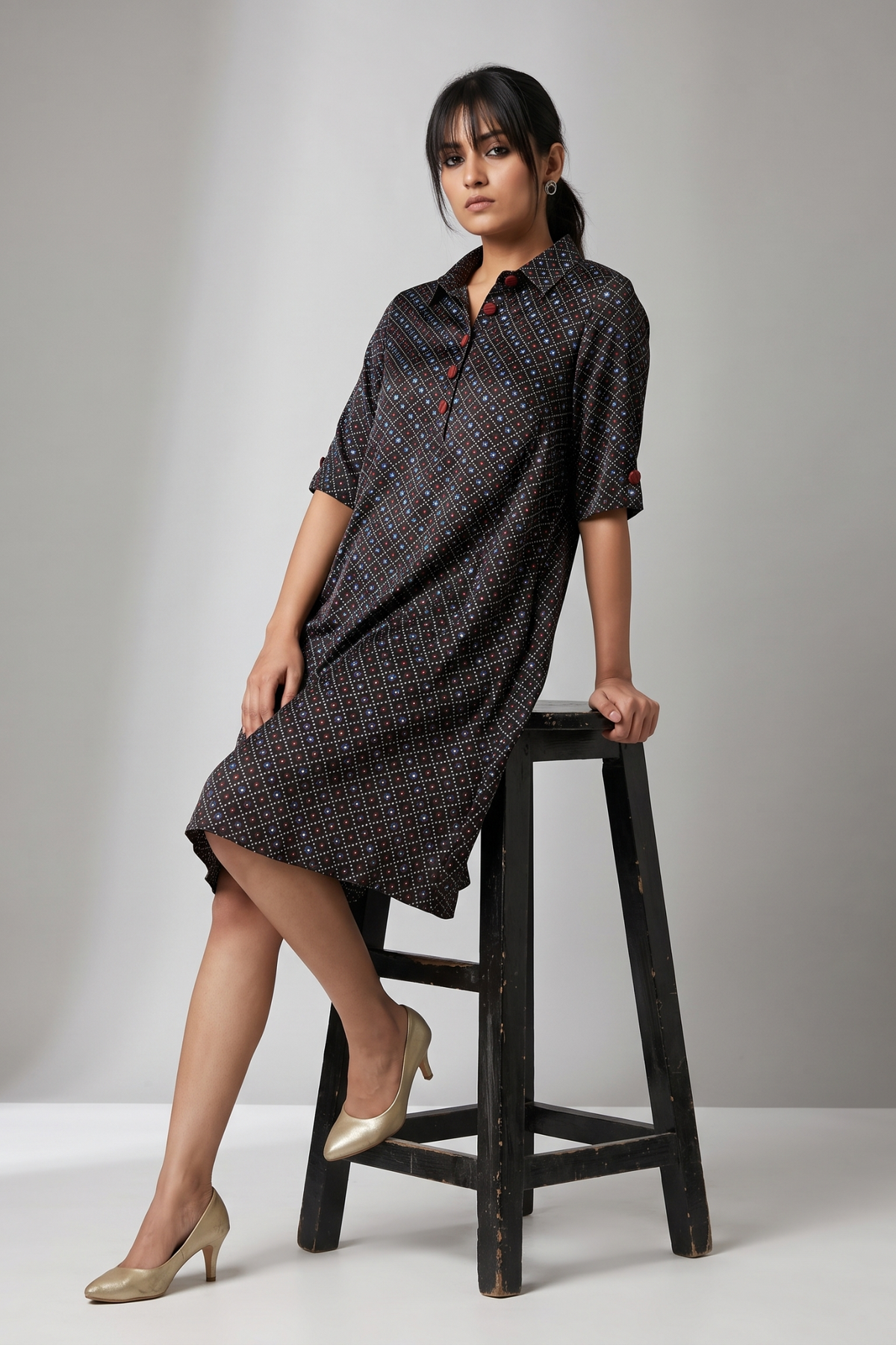 Noir_Stardust_Indigo_Crimson_contemporary_collar_swing_dress_in_Modal