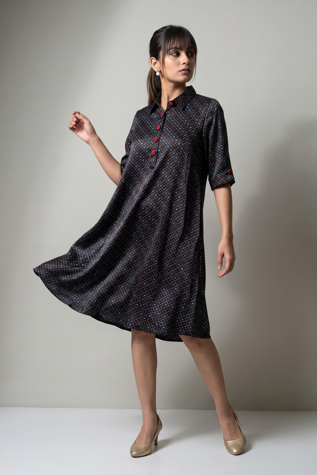 Noir_Stardust_Indigo_Crimson_contemporary_collar_swing_dress_in_Modal