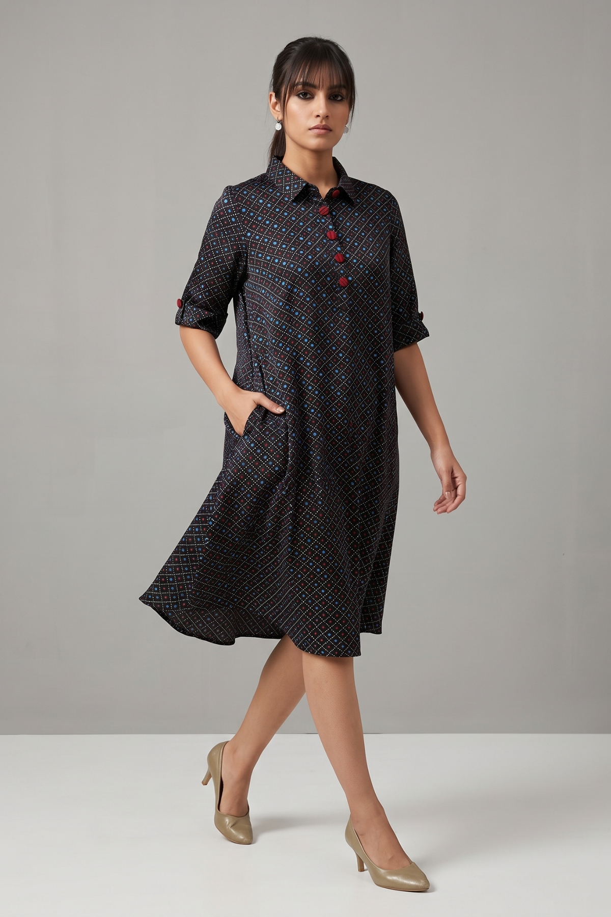 Noir_Stardust_Indigo_Crimson_contemporary_collar_swing_dress_in_Modal