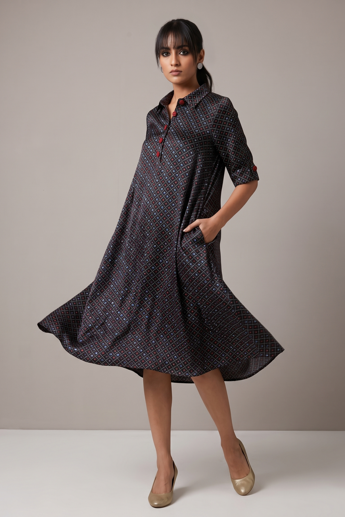 Noir_Stardust_Indigo_Crimson_contemporary_collar_swing_dress_in_Modal