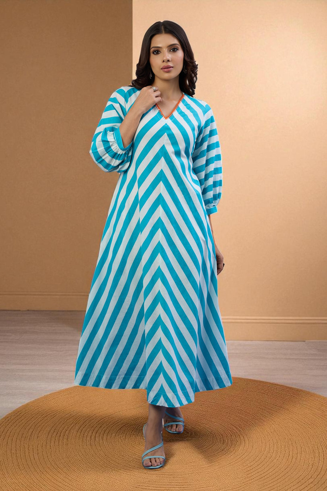 Sky Stripes V-Neck Cotton Midi Dress with Elevated Sleeves