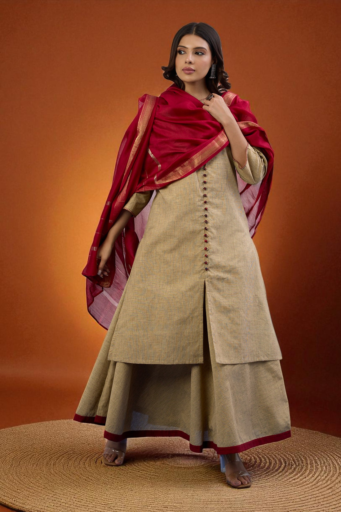 Set of 2: Co-ord Set Sandstone Whisper Cotton Button Down Kurta with Flared Skirt