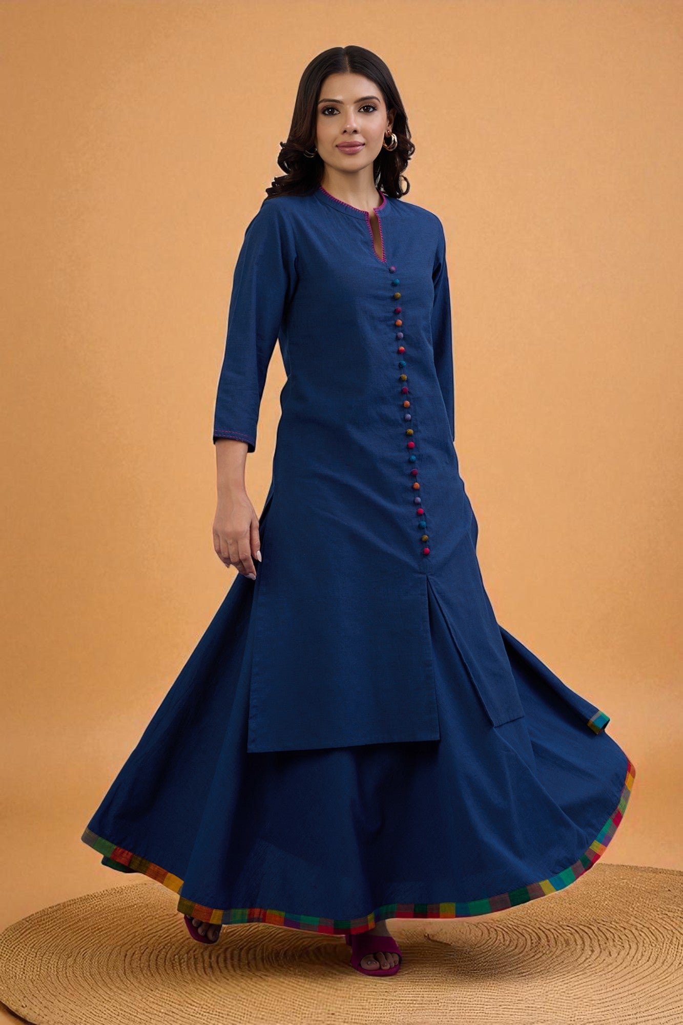 Set of 2: Co-ord Set Midnight Blue Cotton Button Down Kurta with Flared Skirt