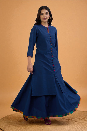 Set of 2: Co-ord Set Midnight Blue Cotton Button Down Kurta with Flared Skirt