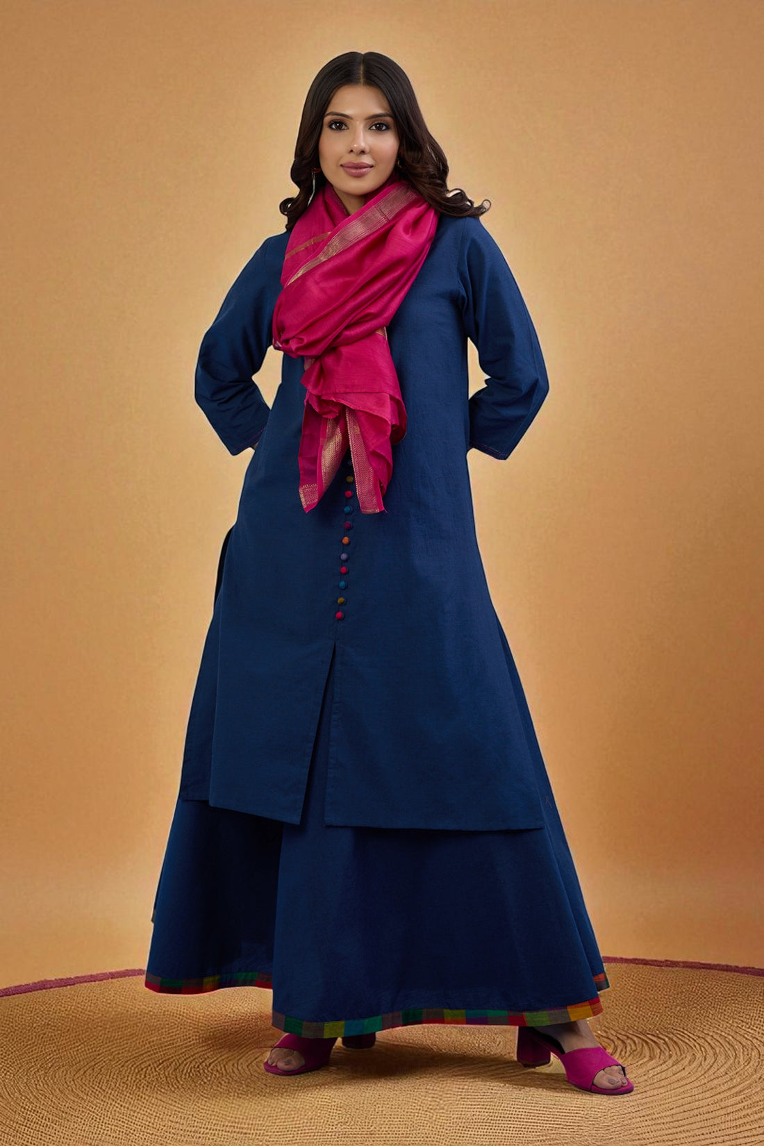 Set of 2: Co-ord Set Midnight Blue Cotton Button Down Kurta with Flared Skirt