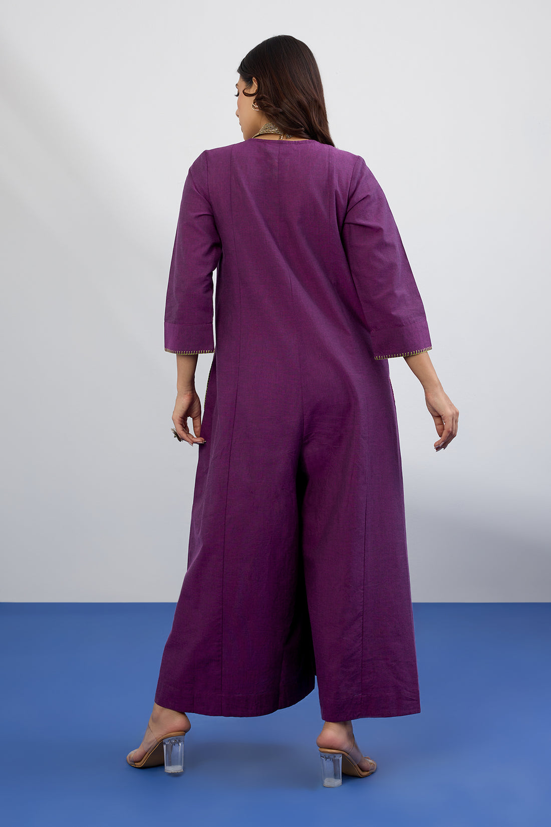 V Neck Front Zip Jumpsuit With Pockets In Purple South Cotton With  Hand Embroidery by Maati Crafts