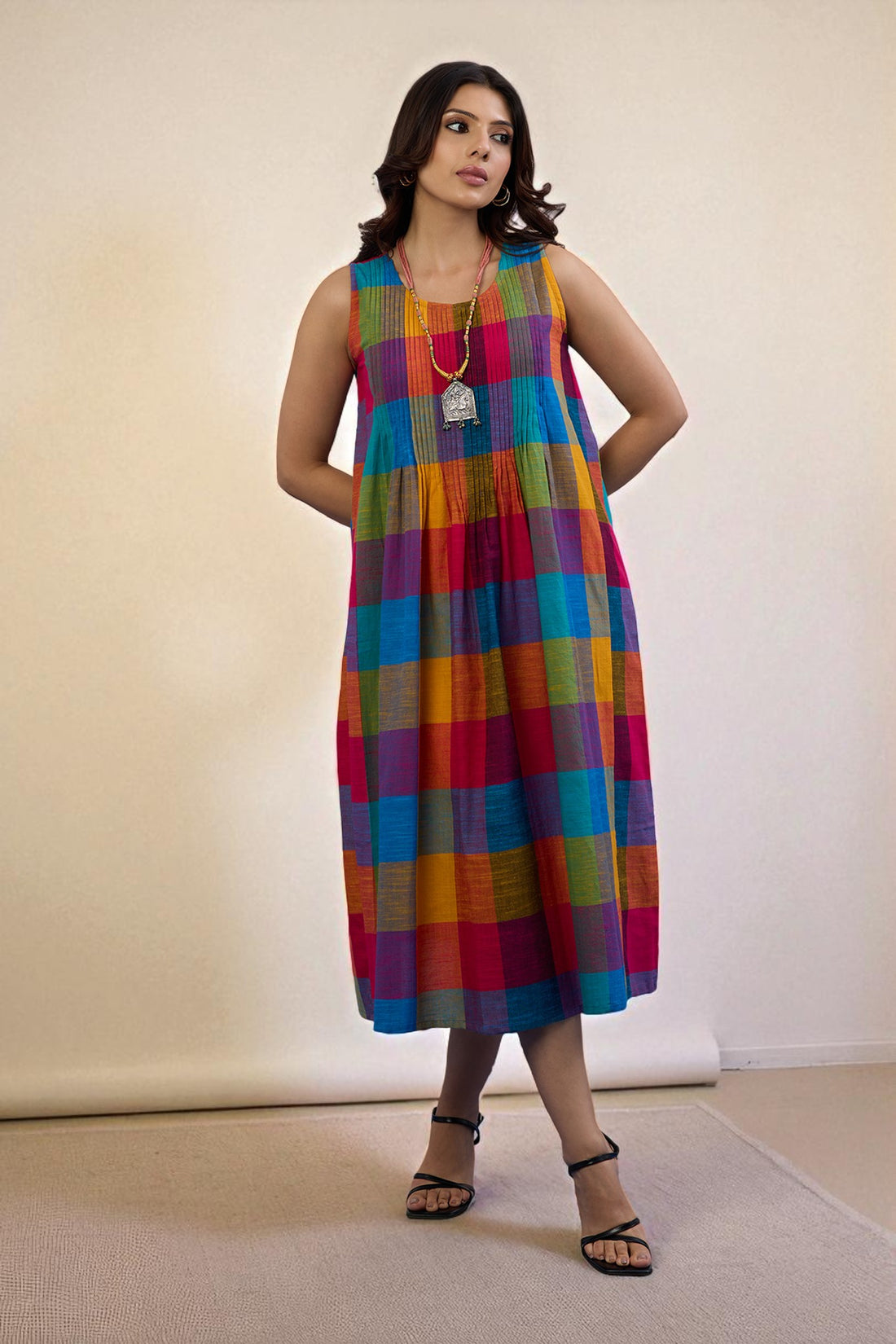 Colorburst Plaid Madras Cotton Pintuck Sleeveless Dress
