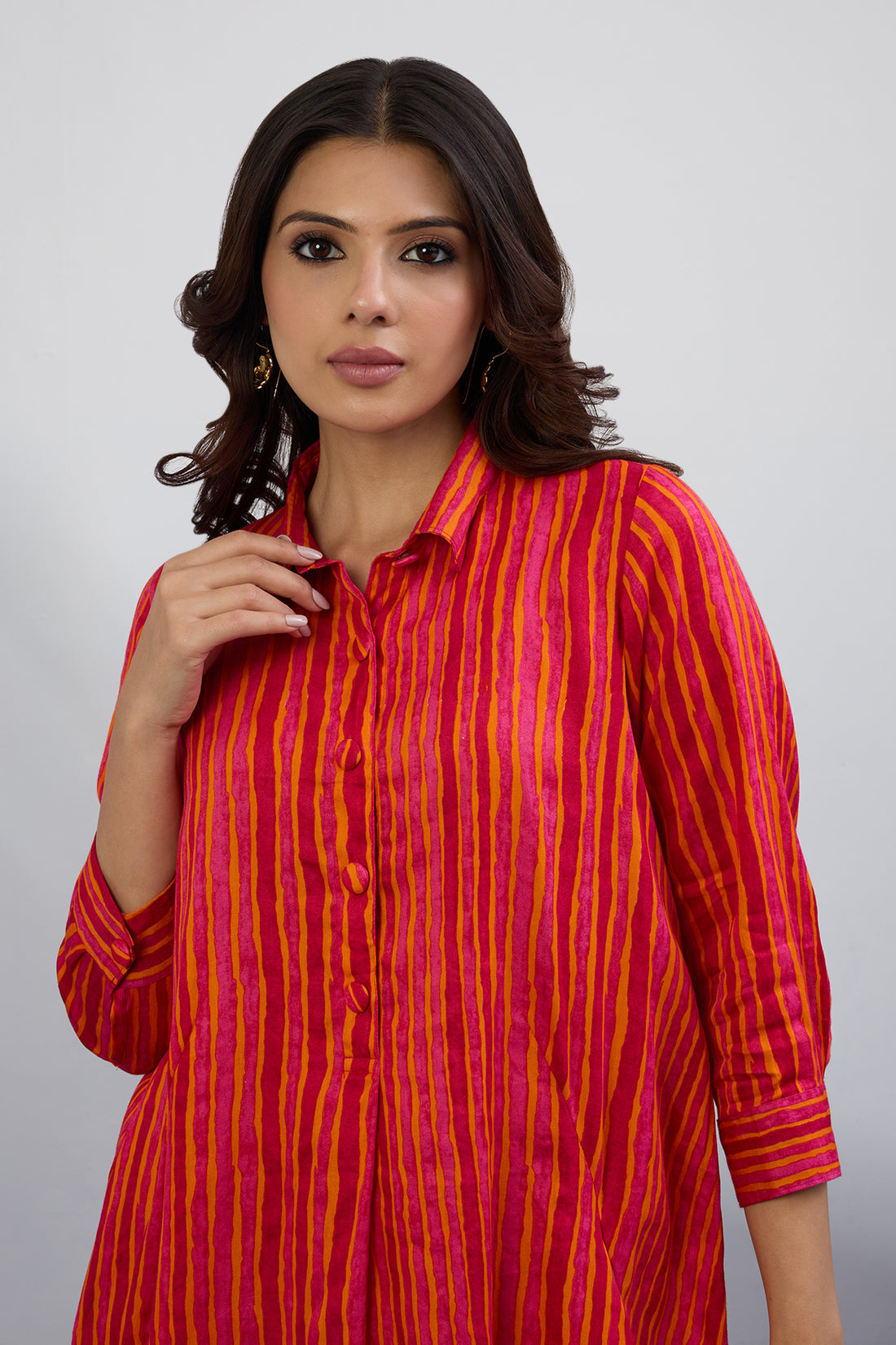 Tunic Kurta Pockets In Orange Stripe Satin   by Maati Crafts