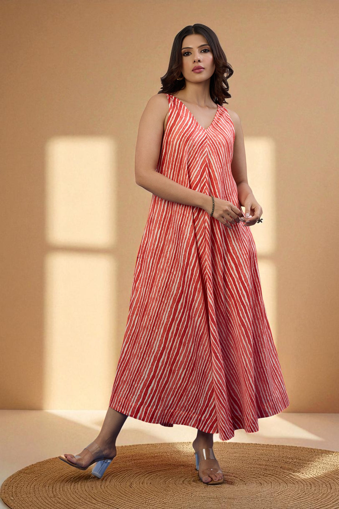 Citrus Stripe Sleeveless Strap Satin Cotton Flared Bias Dress