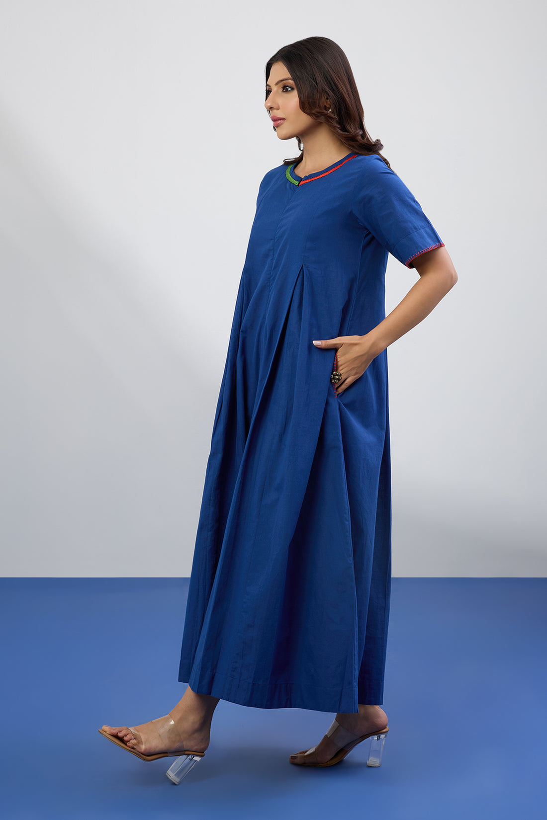 Jumpsuit Front Zipper And Box Pleat With Pockets In Dark Blue South Cotton With Applique Hand Embroidery by Maati Crafts