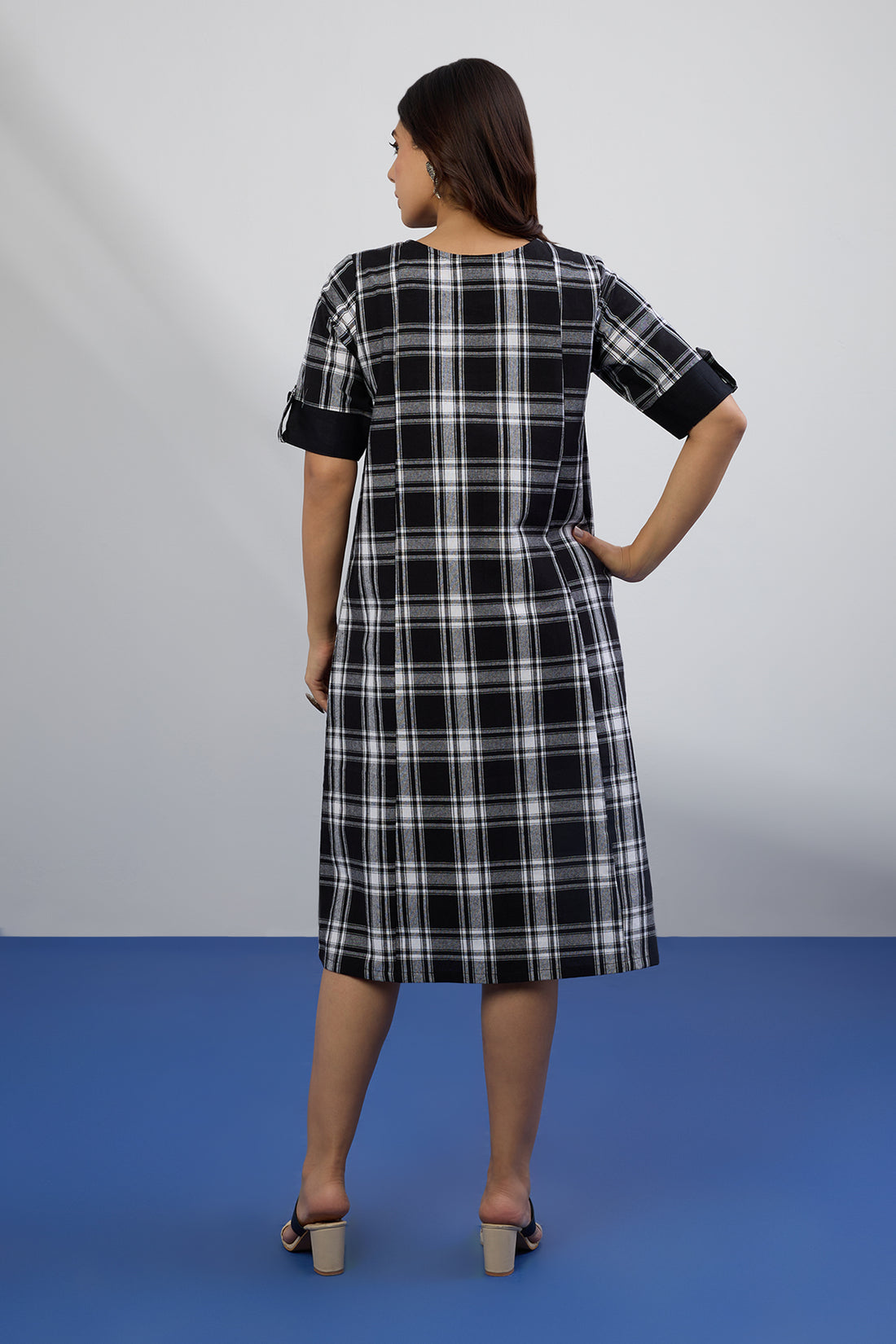 Shift Dress With Pockets, Front & Back Slit In Black White Madras Checks  by Maati Crafts