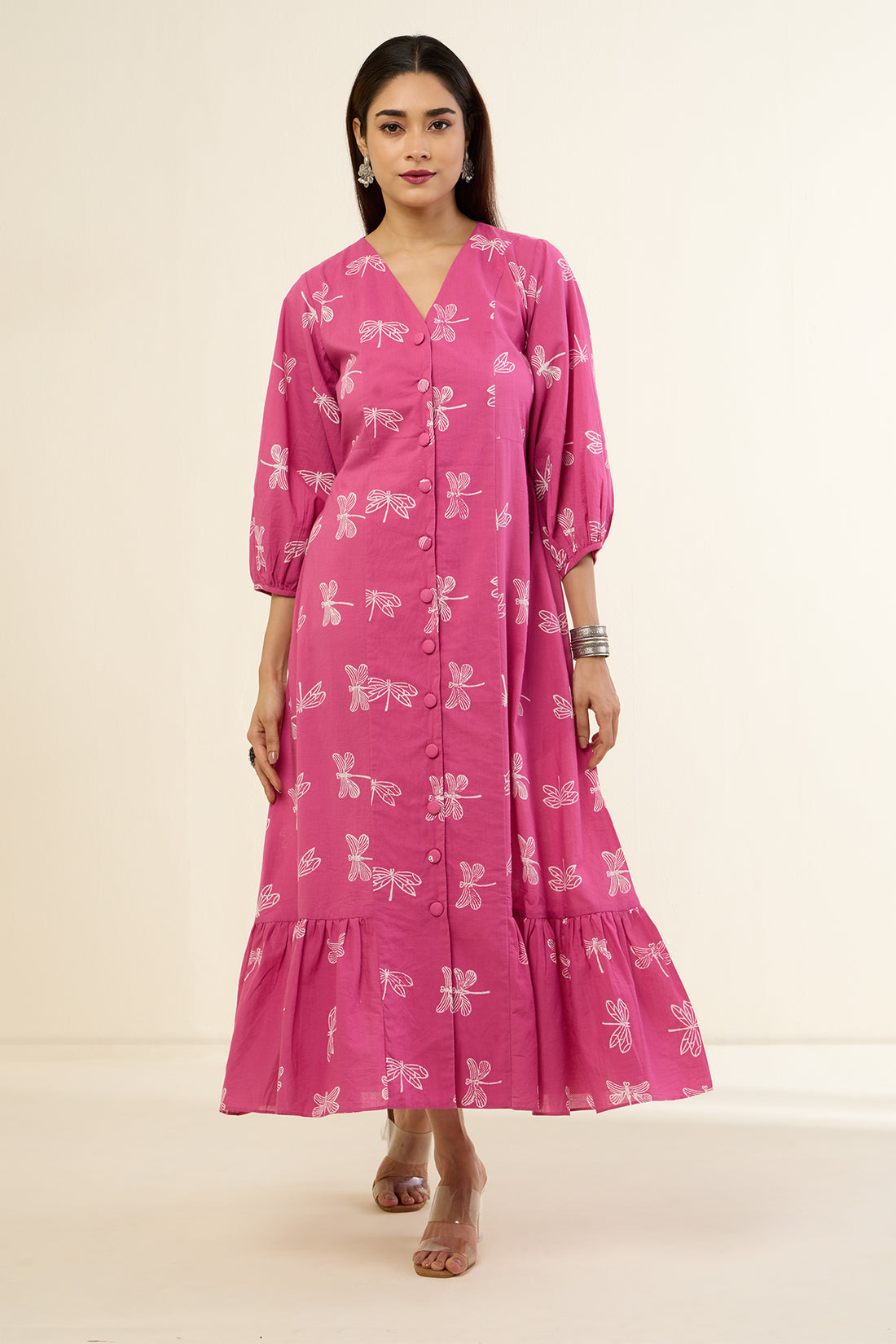 Pink & Dragonflies Dance Midi Dress with Ruffle Border