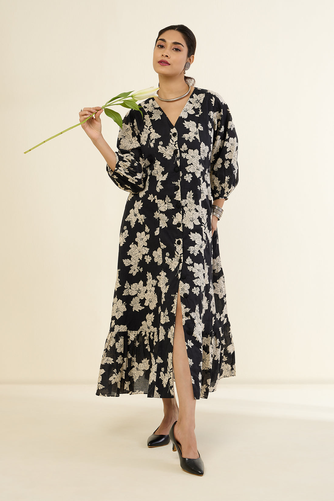 Monochrome Peony Midi Dress with Ruffle Border