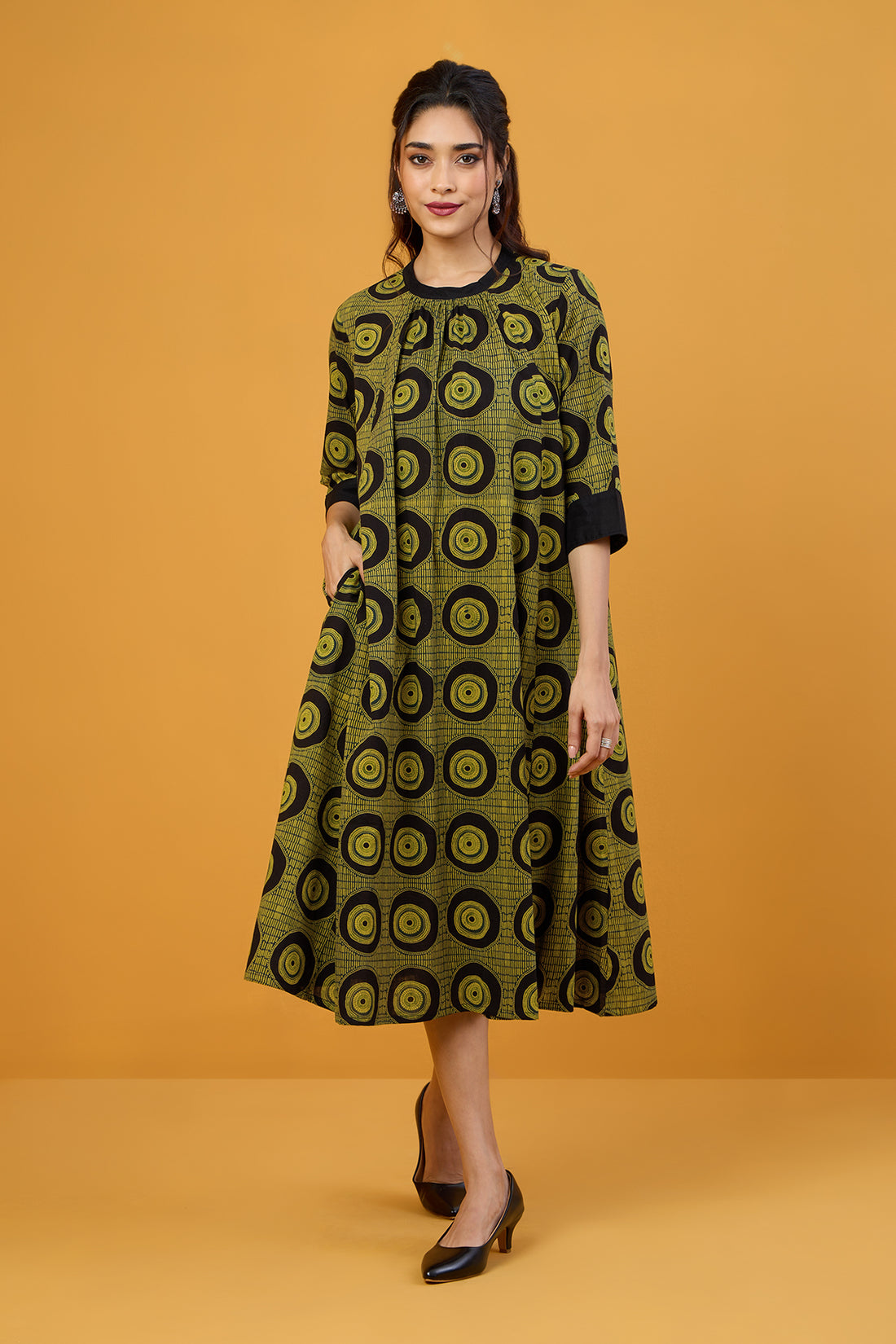 Obsidian Goldleaf Crew Neck A Line Gather Dress