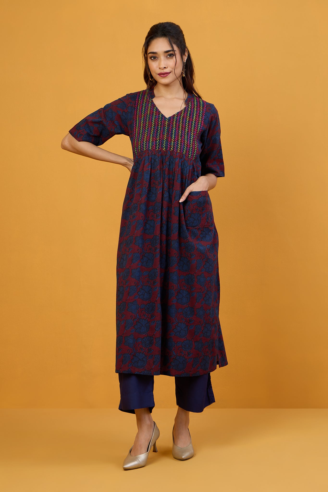 Women's Indigo. Denim Blue Kurti - Pintuck Style Stitching & Shell Button Details