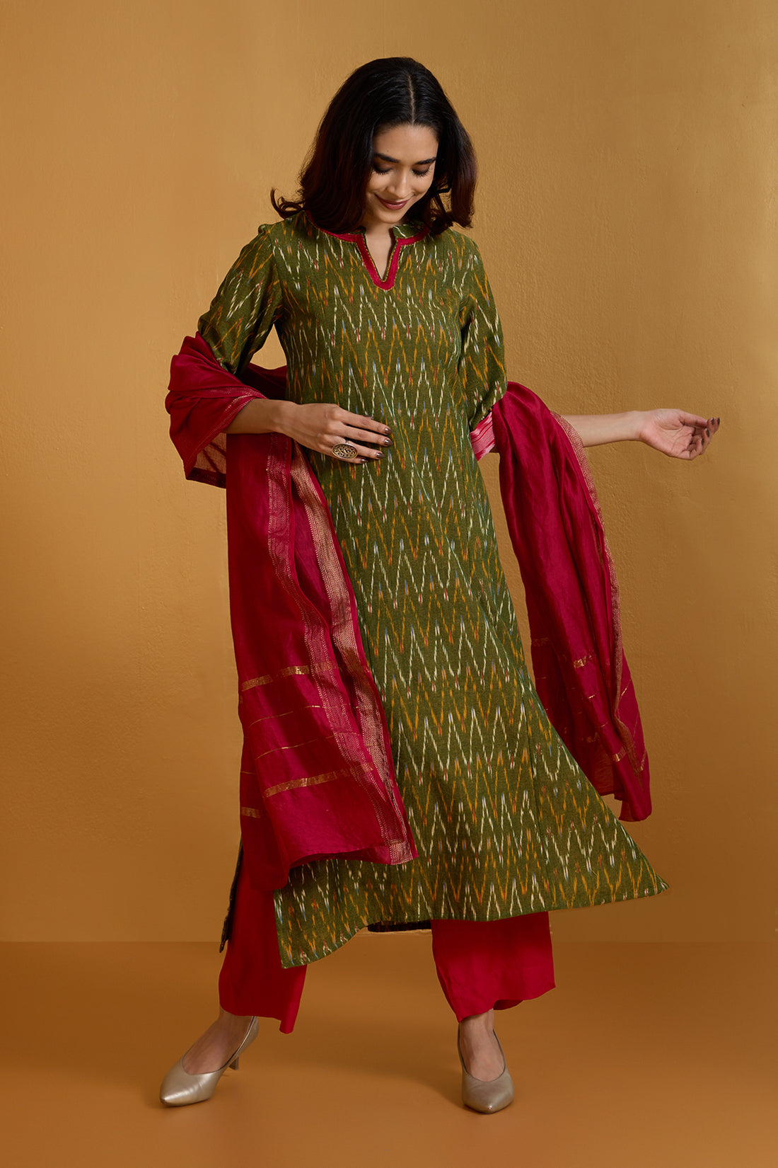 Moss Green Chevron Long Panel Kurta