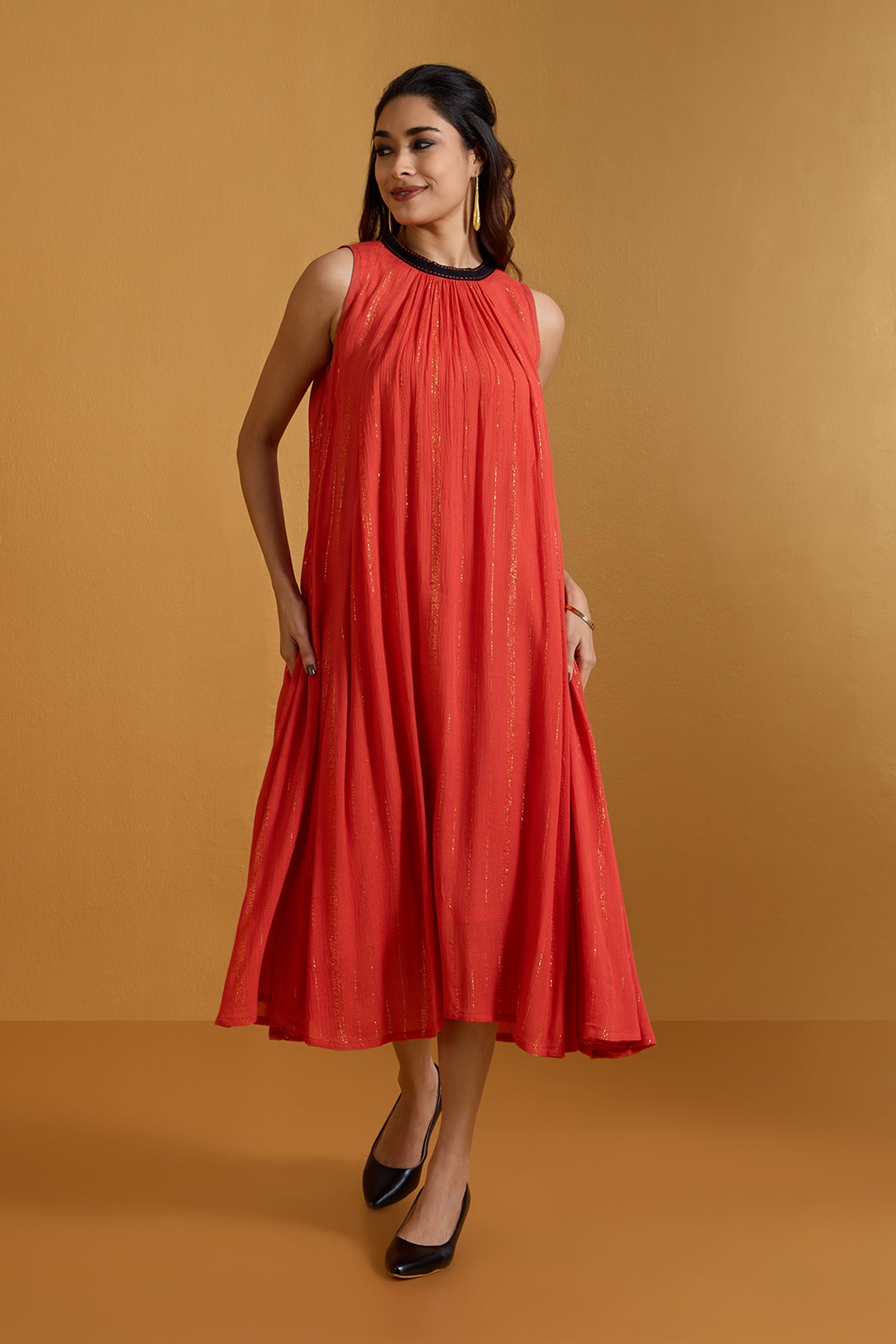 Rust Orange Golden Mirage Luxe Crew Neck Gather Dress