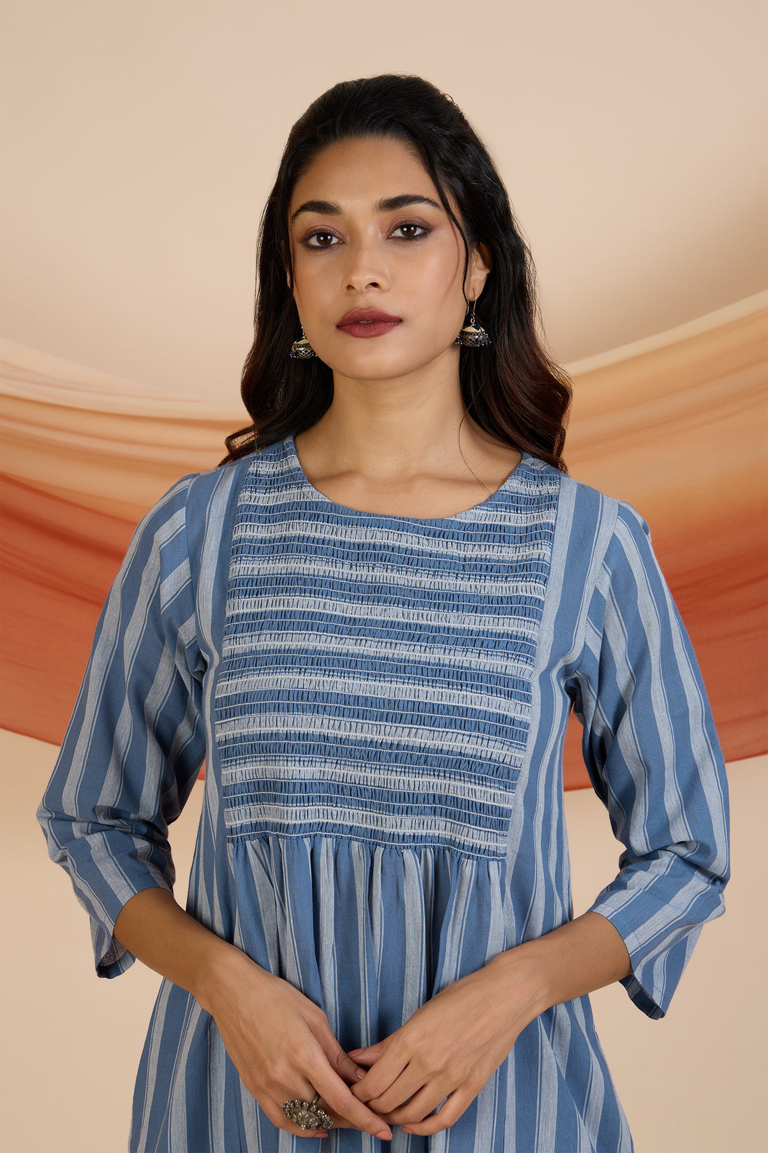 Coord Set With Smocked Yoke Kurta And Pants Blue Stripes With Pockets by Maati Crafts