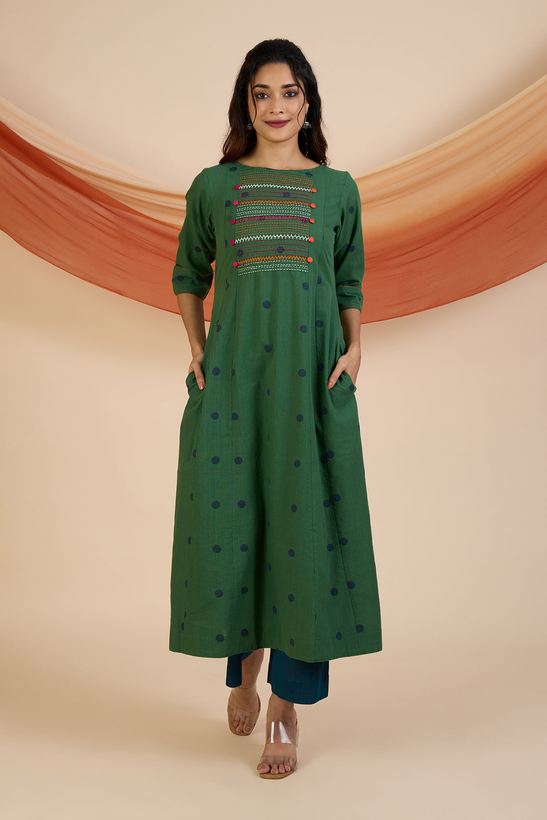 Long Yoke Kurta Pockets In Black Pink Dots Pintuck Yoke And Hand Embroidery Yoke With Pockets by Maati Crafts