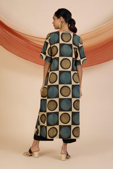 Henna Dust Indigo Ajrakh side button adjustable slit kurta