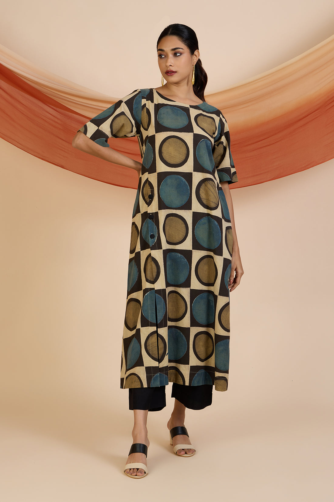 Henna Dust Indigo Ajrakh side button adjustable slit kurta