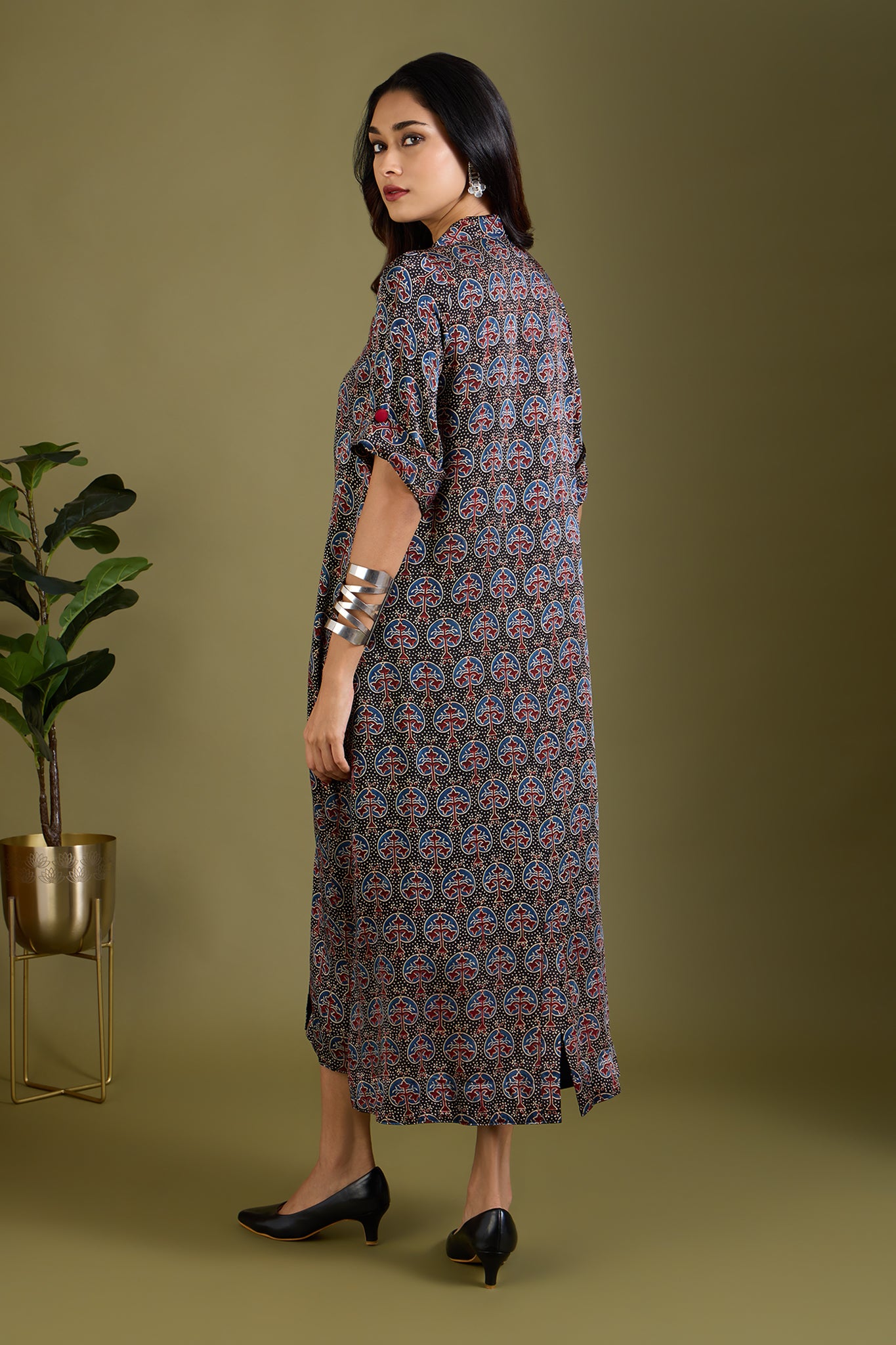 Noir Mughal Orchard Ajrakh Modal Silk Midi Blazer Dress - maati crafts