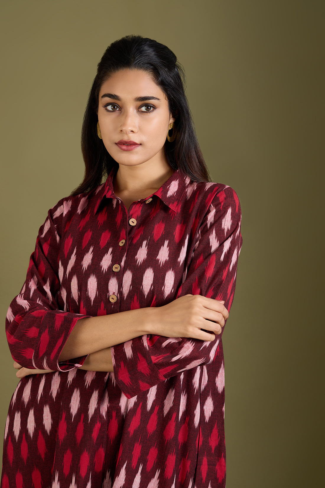 Long Shirt Dress Pockets In Brick Red Ikat White Elements In by Maati Crafts