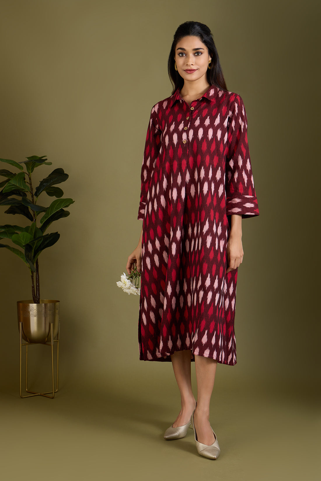 Long Shirt Dress Pockets In Brick Red Ikat White Elements In by Maati Crafts