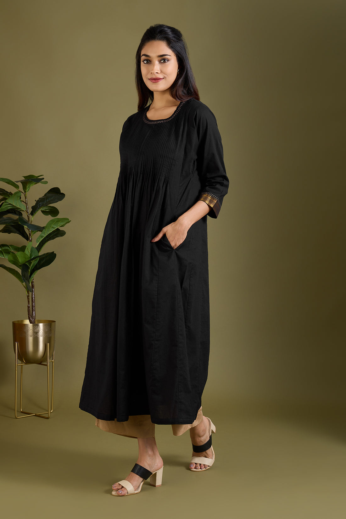 Pintuck Yoke Kalidar Kurta In Black Cambric by Maati Crafts