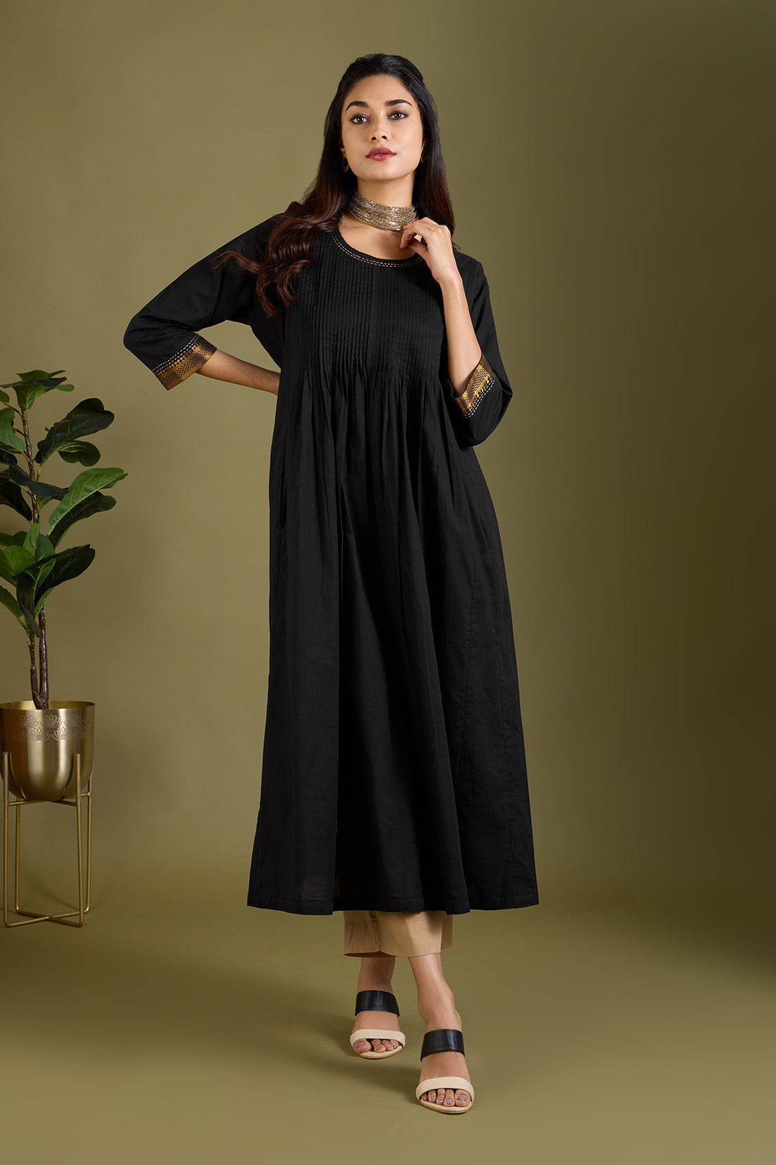 Pintuck Yoke Kalidar Kurta In Black Cambric by Maati Crafts