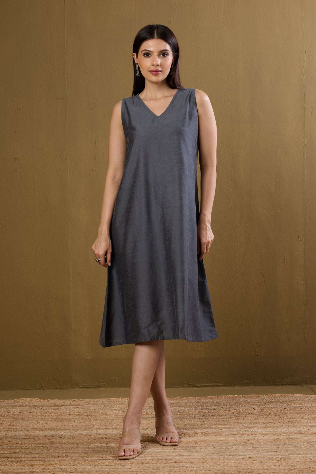Moonlit Grey Silk Slub Sleeveless V-Neck Dress