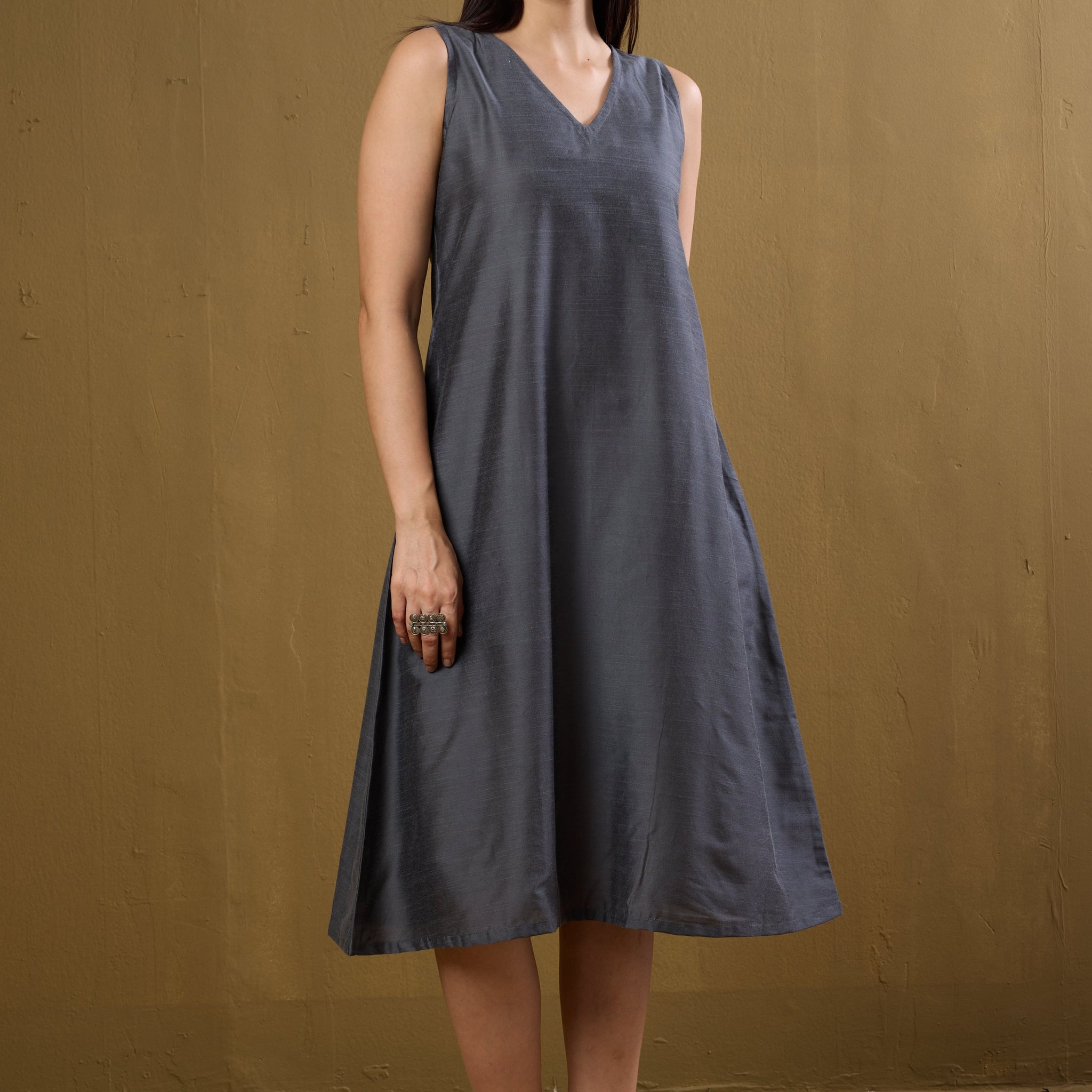 Moonlit Grey Silk Slub Sleeveless V-Neck Dress
