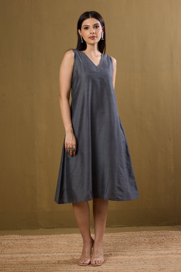 Moonlit Grey Silk Slub Sleeveless V-Neck Dress