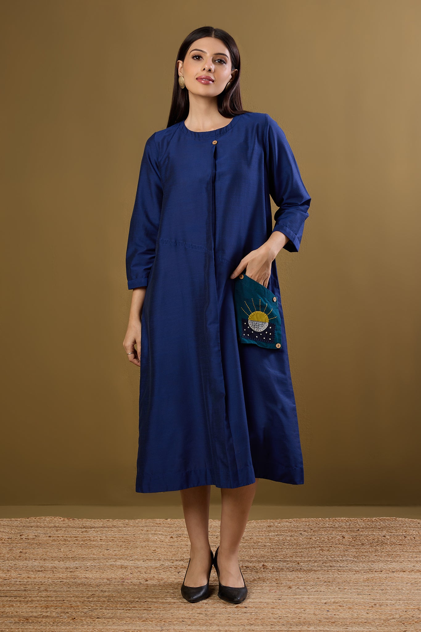 Single Front Pleat Shift Dress With Patch Pocket In Royal Blue Silk Slub And Hand Embroidery by Maati Crafts - maati crafts Single Front Pleat Shift Dress With Patch Pocket In Royal Blue Silk Slub And Hand Embroidery by Maati Crafts - maati crafts