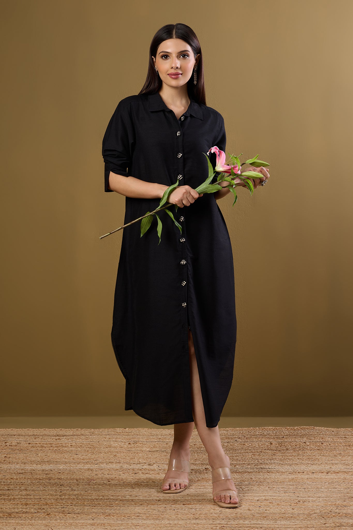 Obsidian Veil Silk Slub Long Shirt Dress