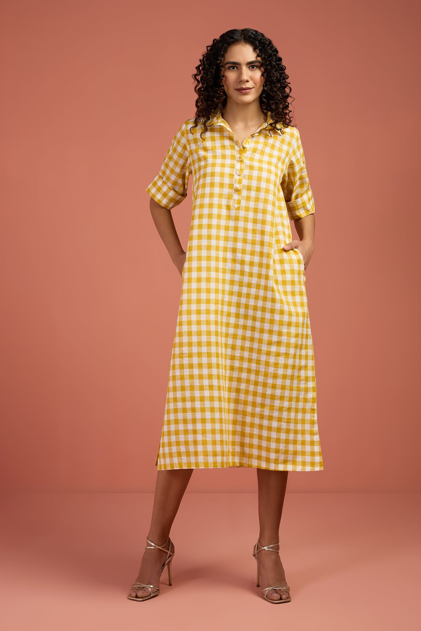 Sunlit Grid Cotton Boho Collar Dress