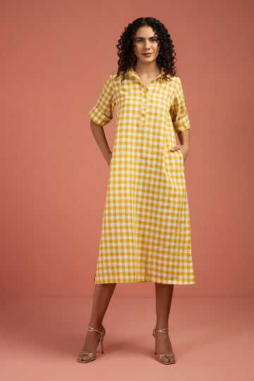 Sunlit Grid Cotton Boho Collar Dress