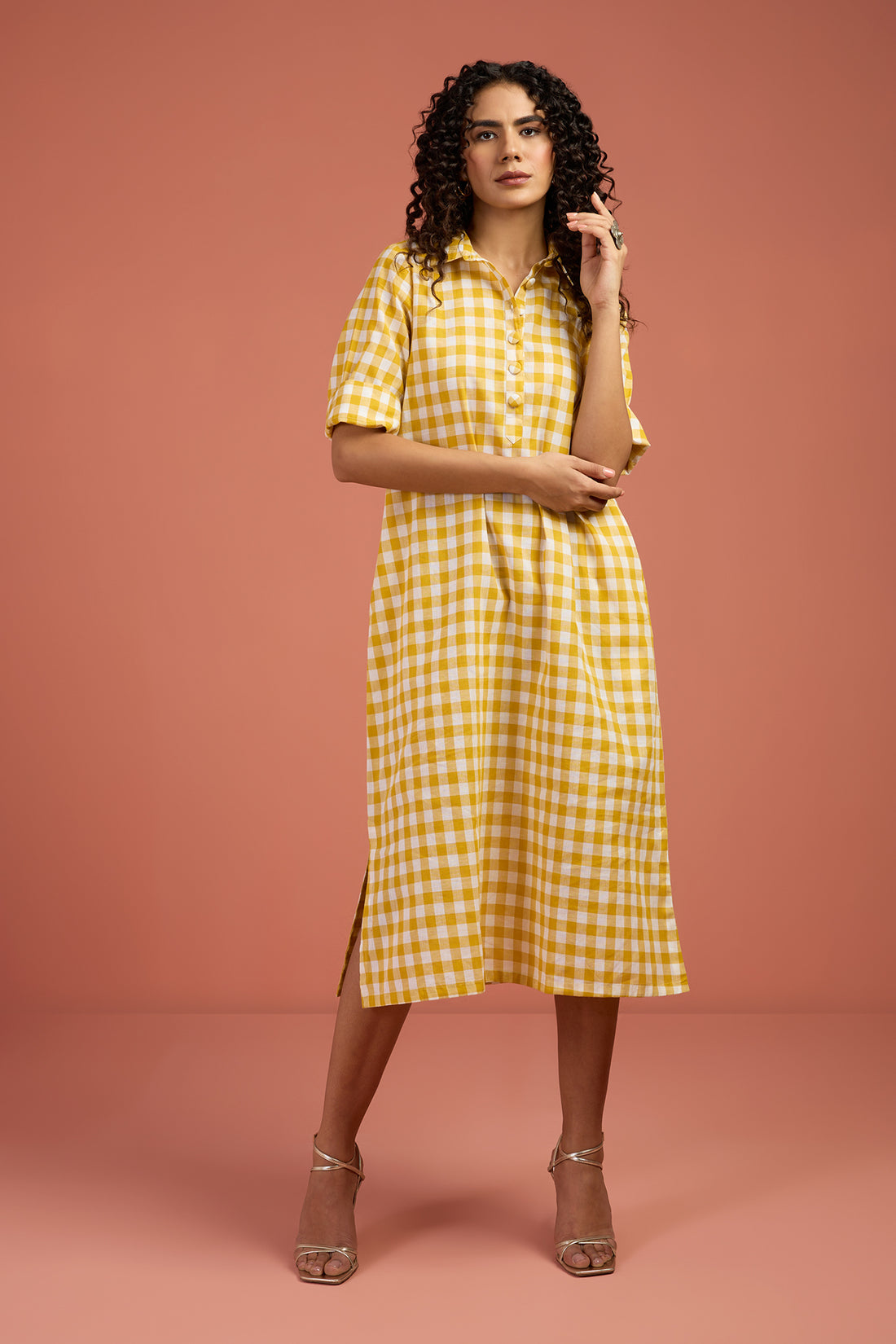 Sunlit Grid Cotton Boho Collar Dress