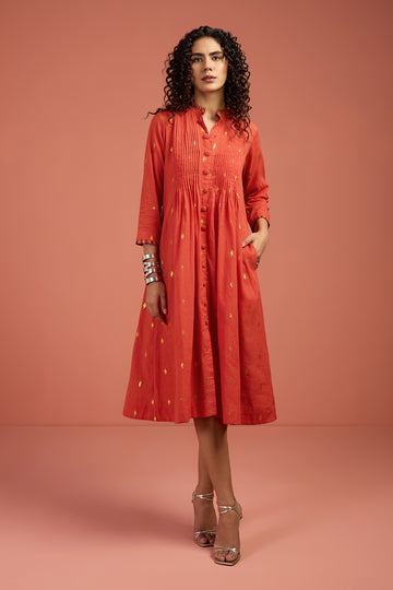 Pleated Frill Neck Dress Iin Orange Gold Buti by Maati Crafts