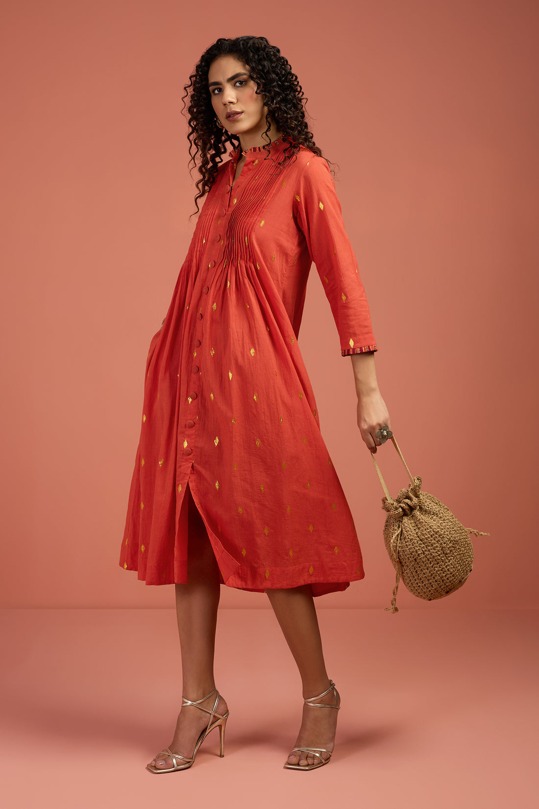 Pleated Frill Neck Dress Iin Orange Gold Buti by Maati Crafts