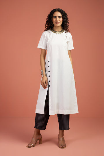 Coord Set Kurta With Pants Front Button Down Slit In White Poplin by Maati Crafts