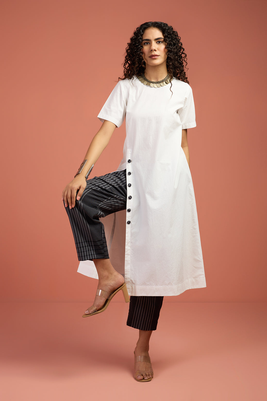 Coord Set Kurta With Pants Front Button Down Slit In White Poplin by Maati Crafts