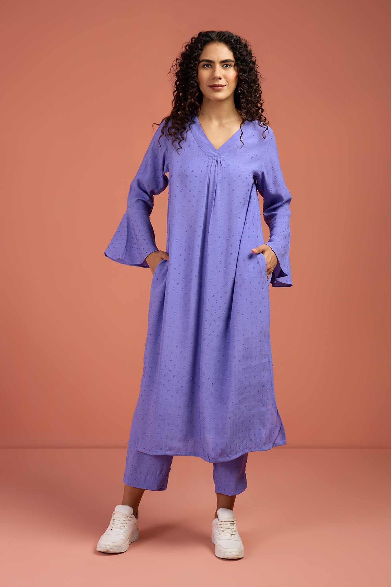 V Neck Kurta Coord Set Kurta And Pants In Lavender Dots Viscose Cotton Dobby With Pockets by Maati Crafts
