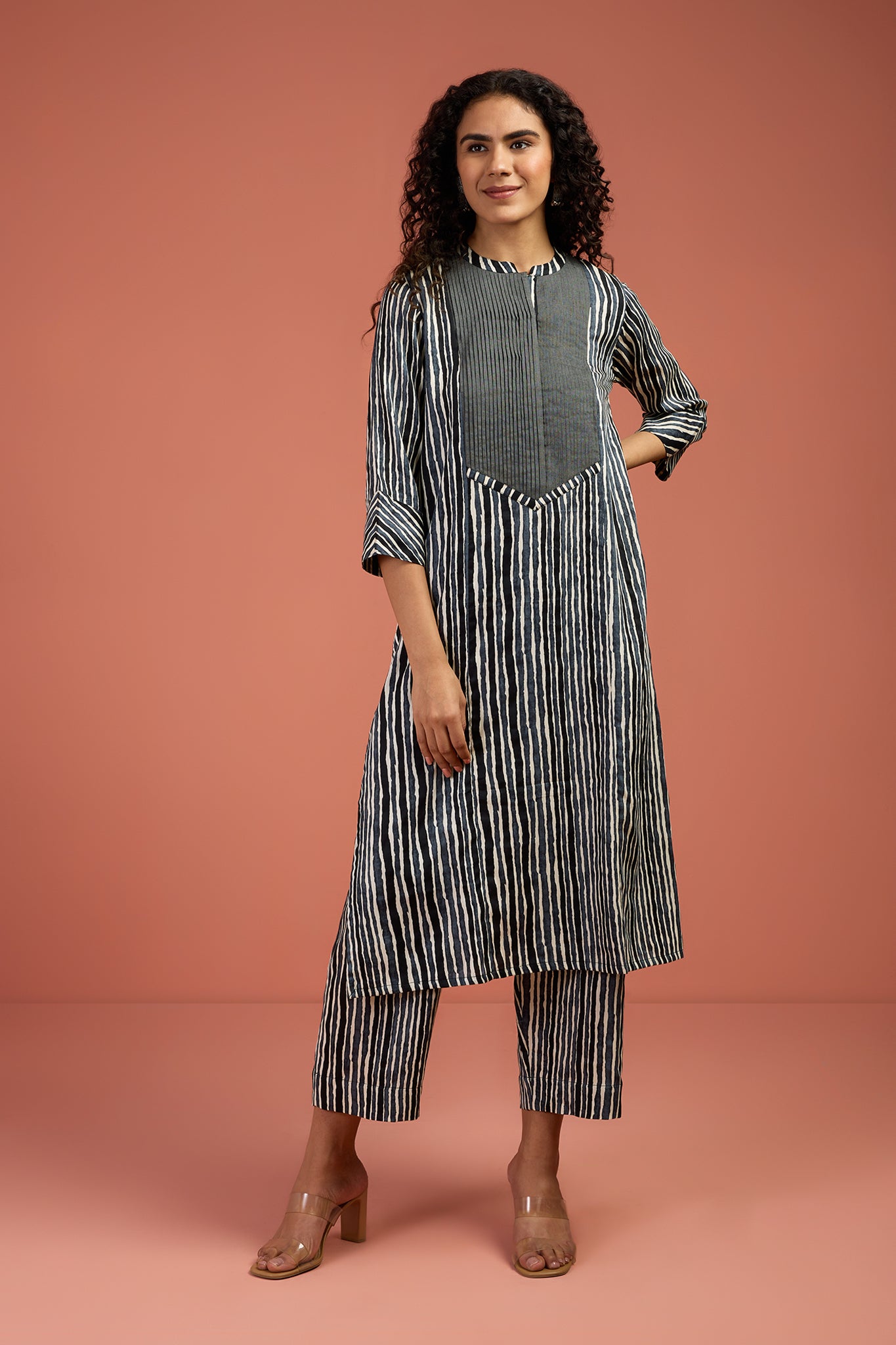 Coord Set Long Yoke Kurtaand Pants -Pintuck In Black White Satin Stripe  by Maati Crafts