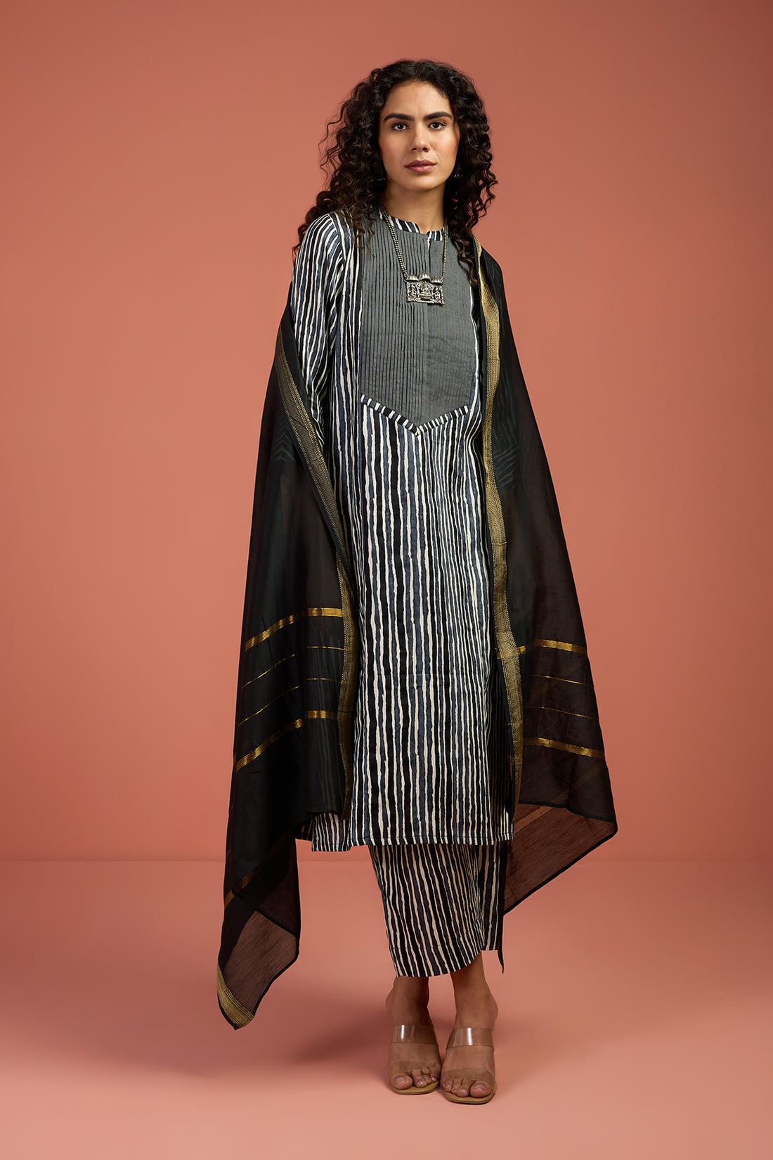 Coord Set Long Yoke Kurtaand Pants -Pintuck In Black White Satin Stripe  by Maati Crafts