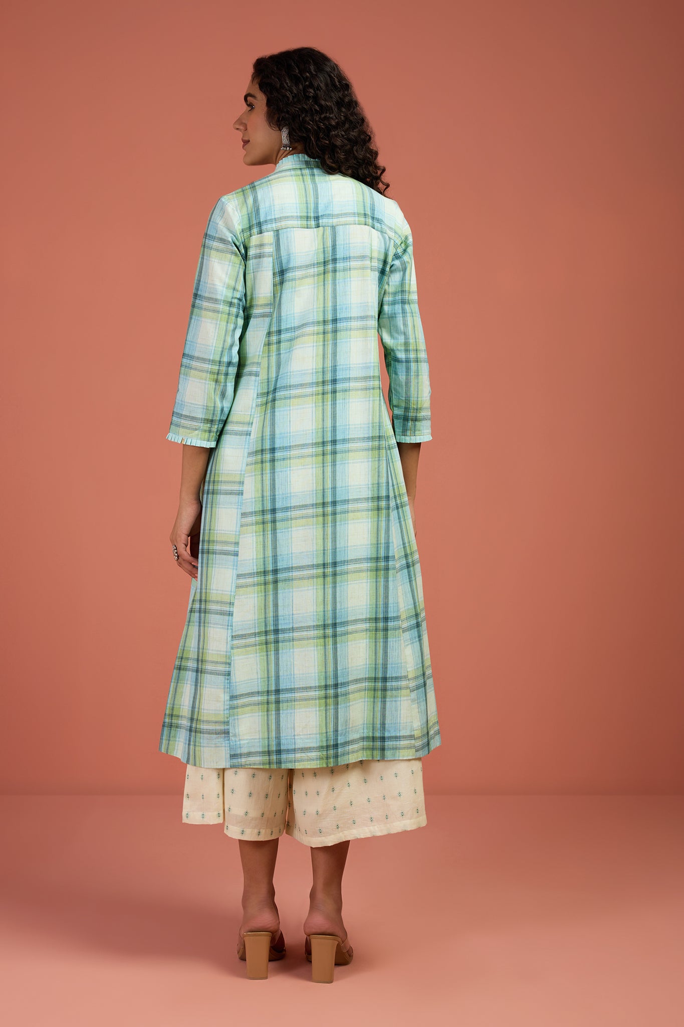Pleated Frill Neck Dress Iin Green Madras Checks by Maati Crafts
